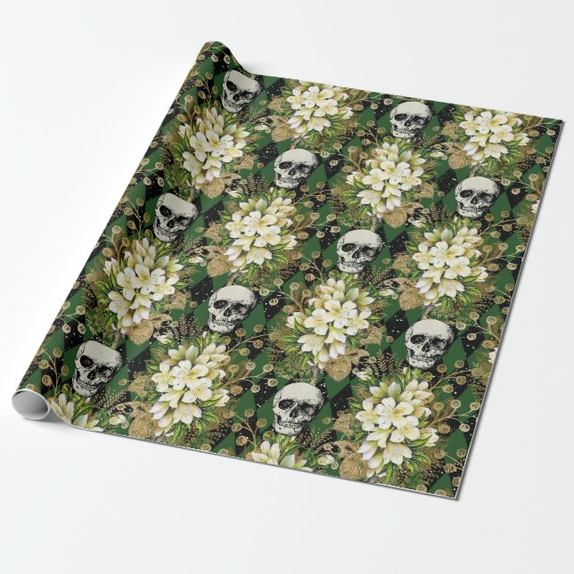 Floral & Skulls Gothic Grunge Christmas Pattern Wrapping Paper (Unrolled)