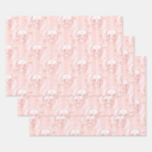 Floral Skulls on Light Pink Wrapping Paper Sheets