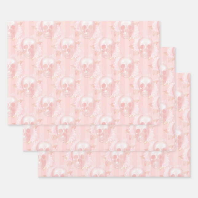 Floral Skulls on Light Pink Wrapping Paper Sheets (Set)