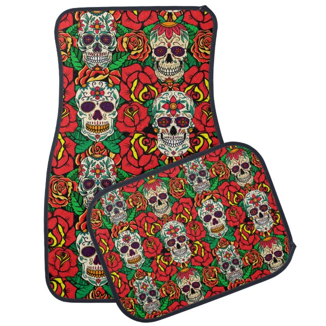 Floral Skulls Pattern Car Floor Mat (Set)