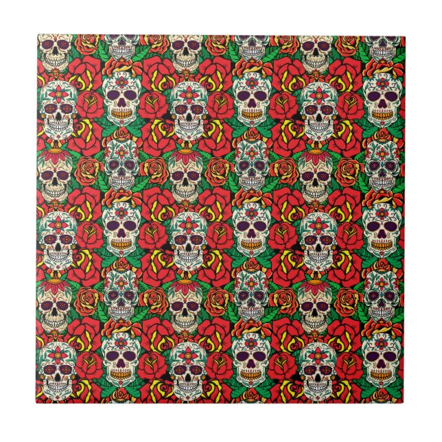 Floral Skulls Pattern Ceramic Tile (Front)