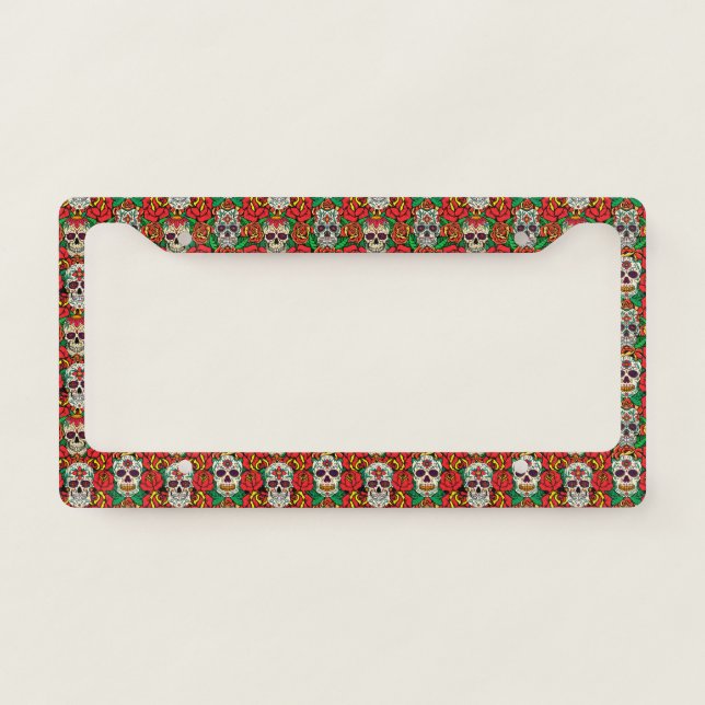 Floral Skulls Pattern License Plate Frame (Front)