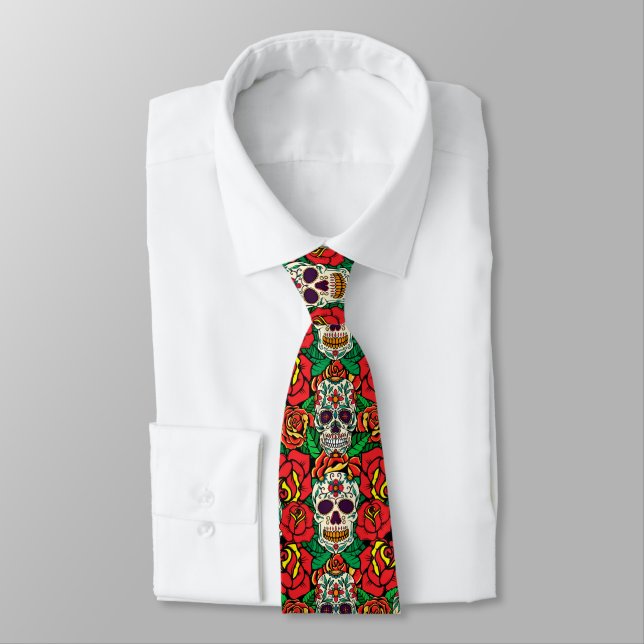 Floral Skulls Pattern Neck Tie (Tied)