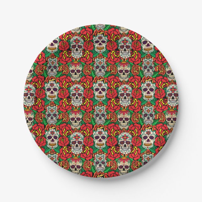 Floral Skulls Pattern Paper Plates (Front)