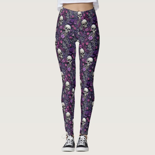 Floral Skulls Purple Flowers Gothic Leggings (Front)