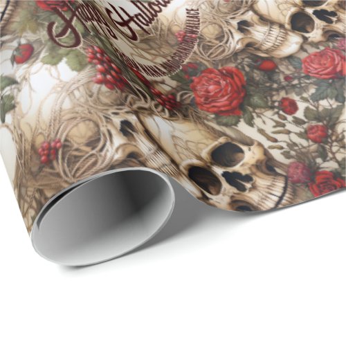 Floral Skulls Red Roses Gothic Wedding Halloween Wrapping Paper