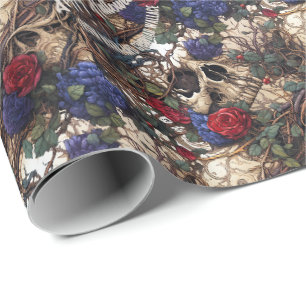 Floral Skulls Roses Blue Flowers Gothic Wrapping Paper