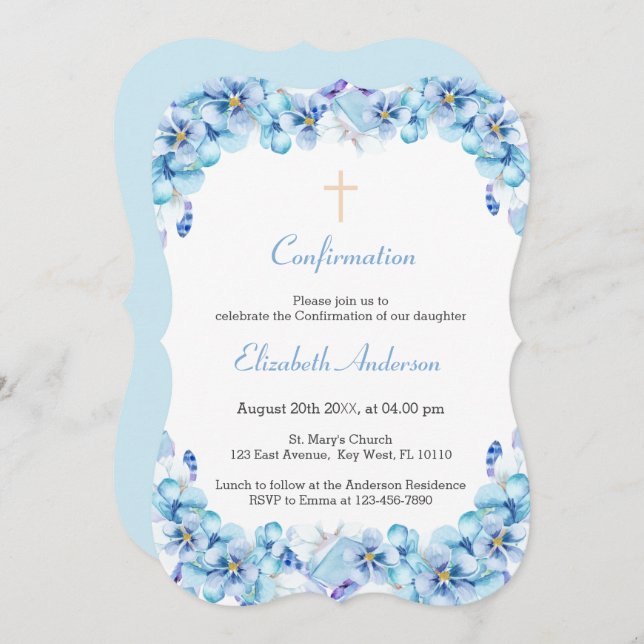 Floral Sky Blue Watercolor Confirmation Invitation (Front/Back)