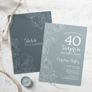 Floral Slate Blue Surprise 40th Birthday Party Invitation