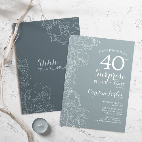 Floral Slate Blue Surprise 40th Birthday Party Invitation