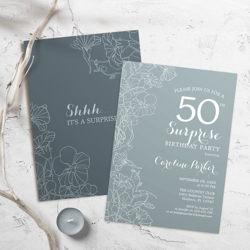 Floral Slate Blue Surprise 50th Birthday Party Invitation