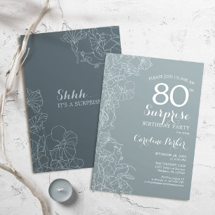 Floral Slate Blue Surprise 80th Birthday Party Invitation
