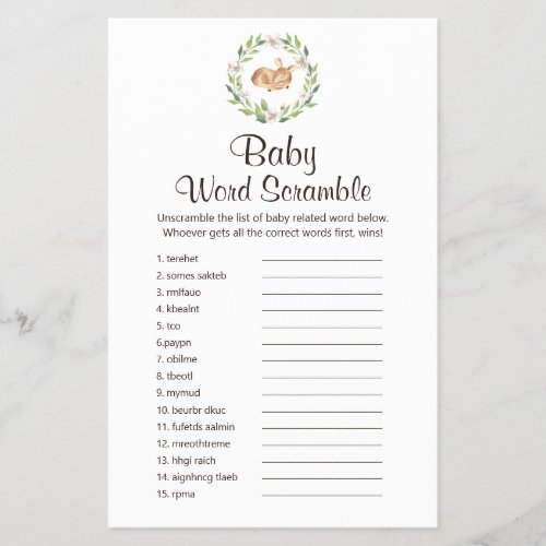 Floral Sleeping Deer  Baby UK Word Scramble Game Flyer