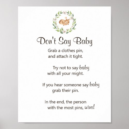 Floral Sleeping Deer Dont Say Baby Shower Game Poster
