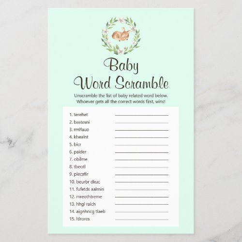 Floral Sleeping Deer Green Baby Word Scramble Game Flyer