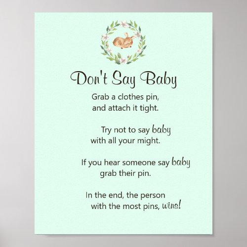 Floral Sleeping Deer Green Dont Say Baby Game Poster