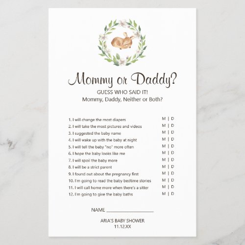 Floral Sleeping Deer Mommy or Daddy Game Flyer