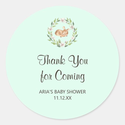 Floral Sleeping Deer on Green Baby Shower Favor Classic Round Sticker