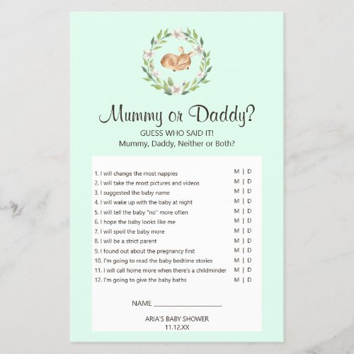 Floral Sleeping Deer on Green Mummy or Daddy Game Flyer
