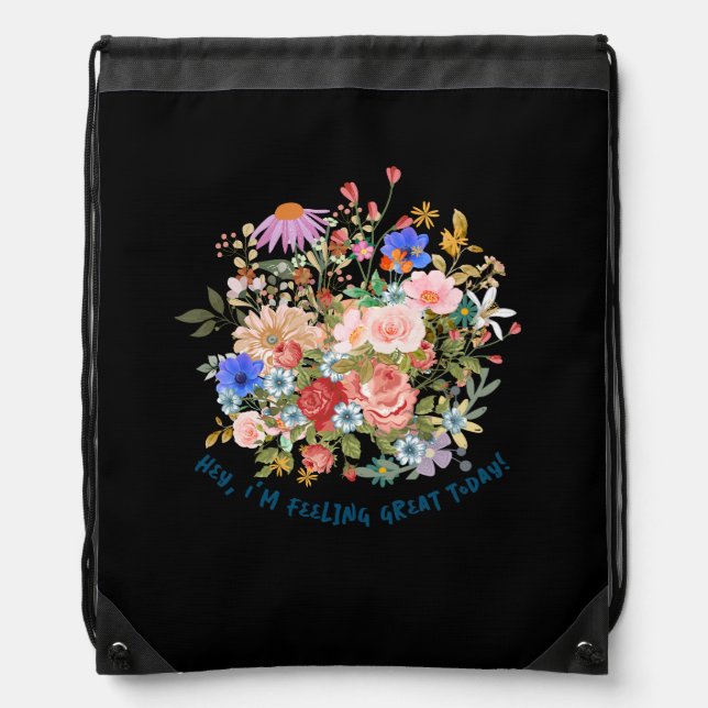 Floral & Slogan Graphic Drawstring Bag (Front)
