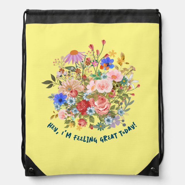 Floral & Slogan Graphic Drawstring Bag (Front)
