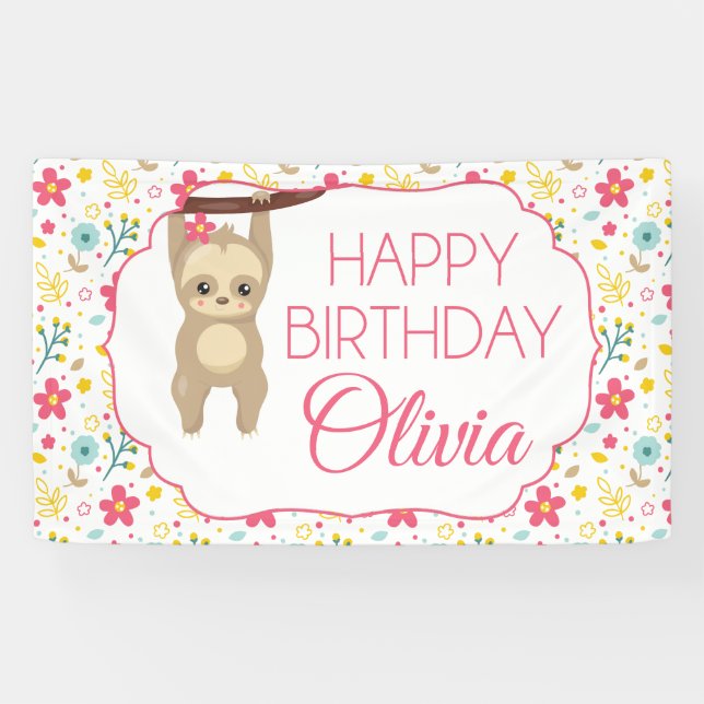 Floral Sloth Birthday Party Banner (Horizontal)
