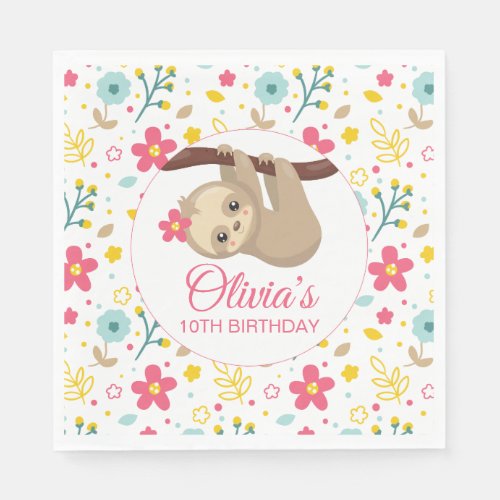 Floral Sloth Birthday Party Napkins