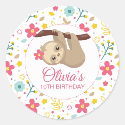 Floral Sloth Birthday Party Stickers