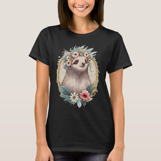 Floral Sloth Flower Crown Cute Watercolor T-Shirt (Front)