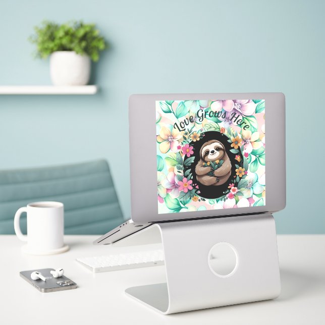 Floral Sloth Love Grows Here Sticker (Laptop On Desk)