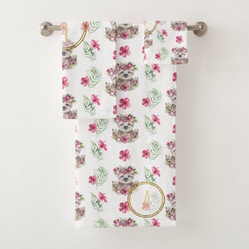 Floral SLOTH Monogram Pattern Girls Nursery Room Bath Towel Set