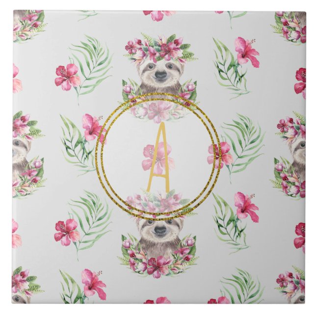 Floral SLOTH Monogram Pattern Girls Nursery Room Ceramic Tile (Front)