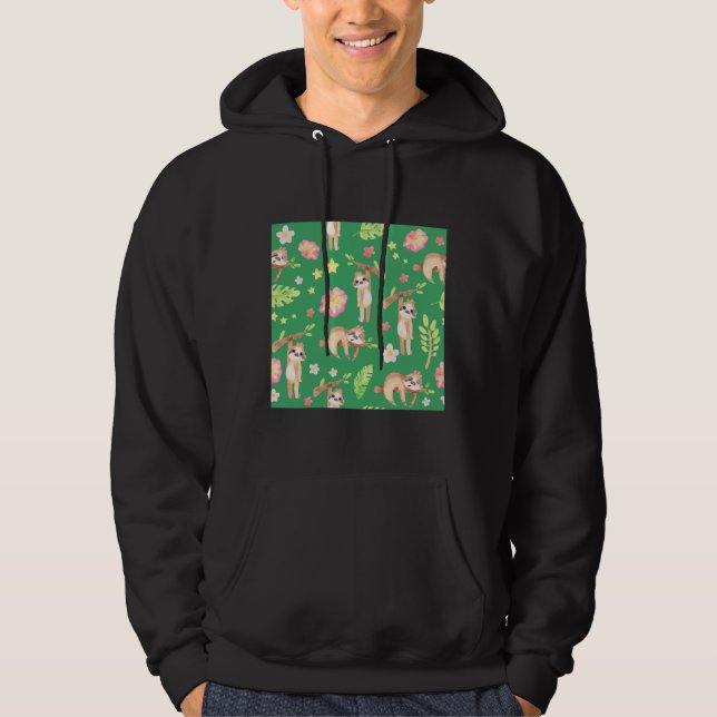 Floral Sloth On Green Hoodie (Front)