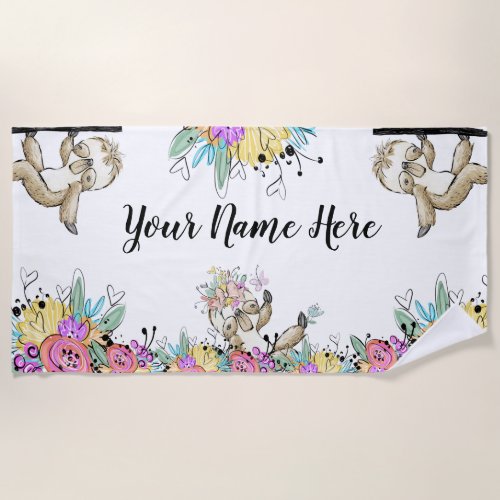 Floral Sloth Personalized Beach Towel