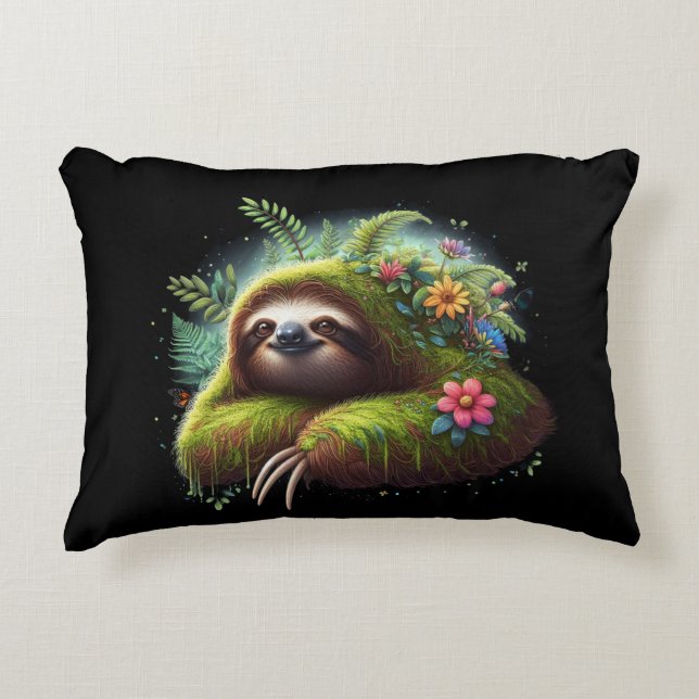 Floral Sloth Pillow - Relaxing Rainforest Pillow  (Front)