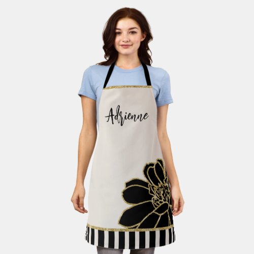 Floral Smock Black Ivory Gold Border Personalized Apron