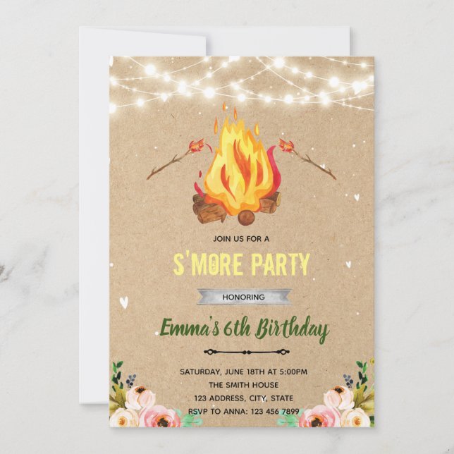 Floral s'more bonfire bbq party invitation (Front)
