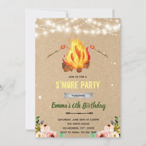 Floral smore bonfire bbq party invitation