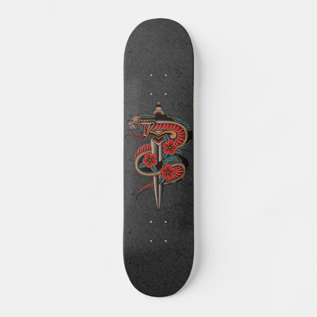 Floral Snake & Sword Grunge Illustration Esoteric Skateboard (Front)