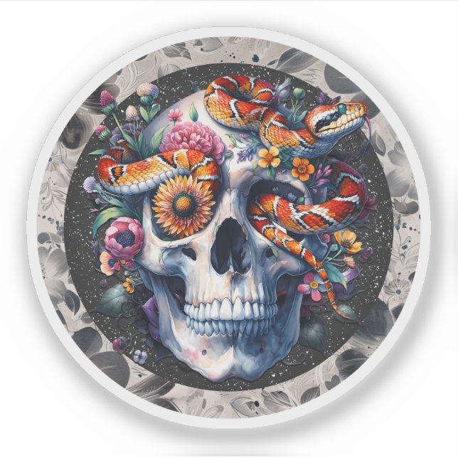 Floral Snake With Skull Sticker. Sticker (Front)