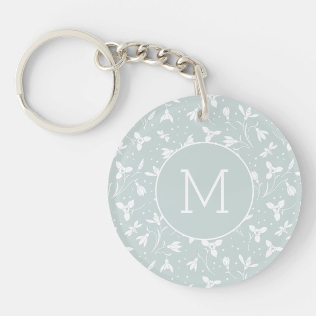 Floral Snowdrop Pattern Monogram. Pastel Green Keychain (Front)