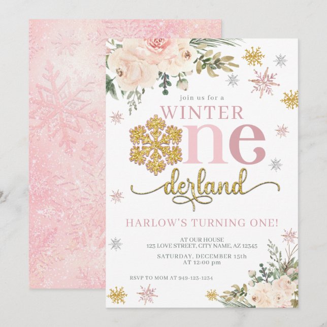 Floral Snowflake ONEderland 1st Birthday  Invitation (Front/Back)