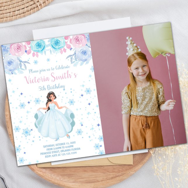 Floral Snowflake Princess Birthday Invitation (Floral Snow Falk Princess Birthday Invitation)
