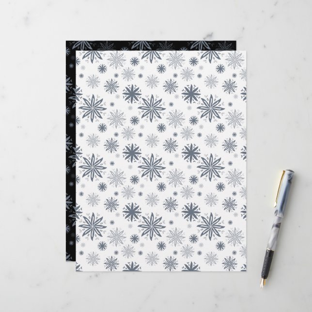 Floral Snowflake White and Black Scrapbook Paper (Front/Back In Situ)