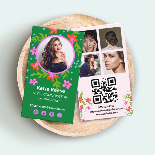 Floral Social Media Photo Grid QR Code Business Card