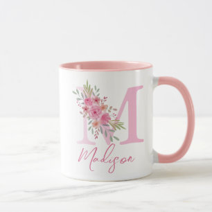 FLORAL SOFT BLUSH ALPHABETS NAME LETTER M MUG