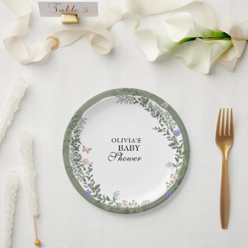 Floral Soft Green Lush Green Baby Shower  Paper Plates