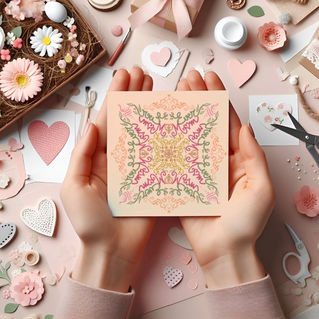 Floral Soft peach kaleidoscopic Script Best Mom  Card (Best Mom Ever manuscript doodle Seamless Fractal Mothers Day CARD)