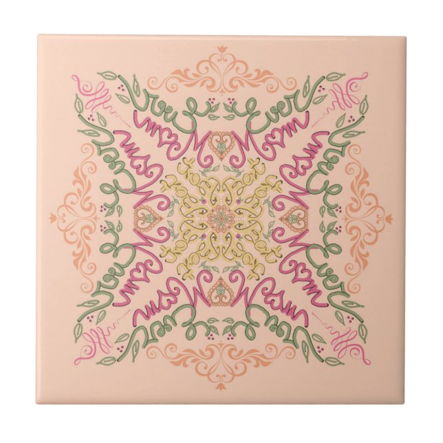 Floral Soft peach kaleidoscopic Script Best Mom  Ceramic Tile (Front)