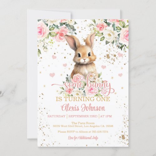 Floral Some Bunny Birthday Invitation _ Gold Dots